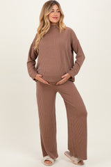 Mocha Textured Rib Mock Neck Long Sleeve Pants Maternity Set