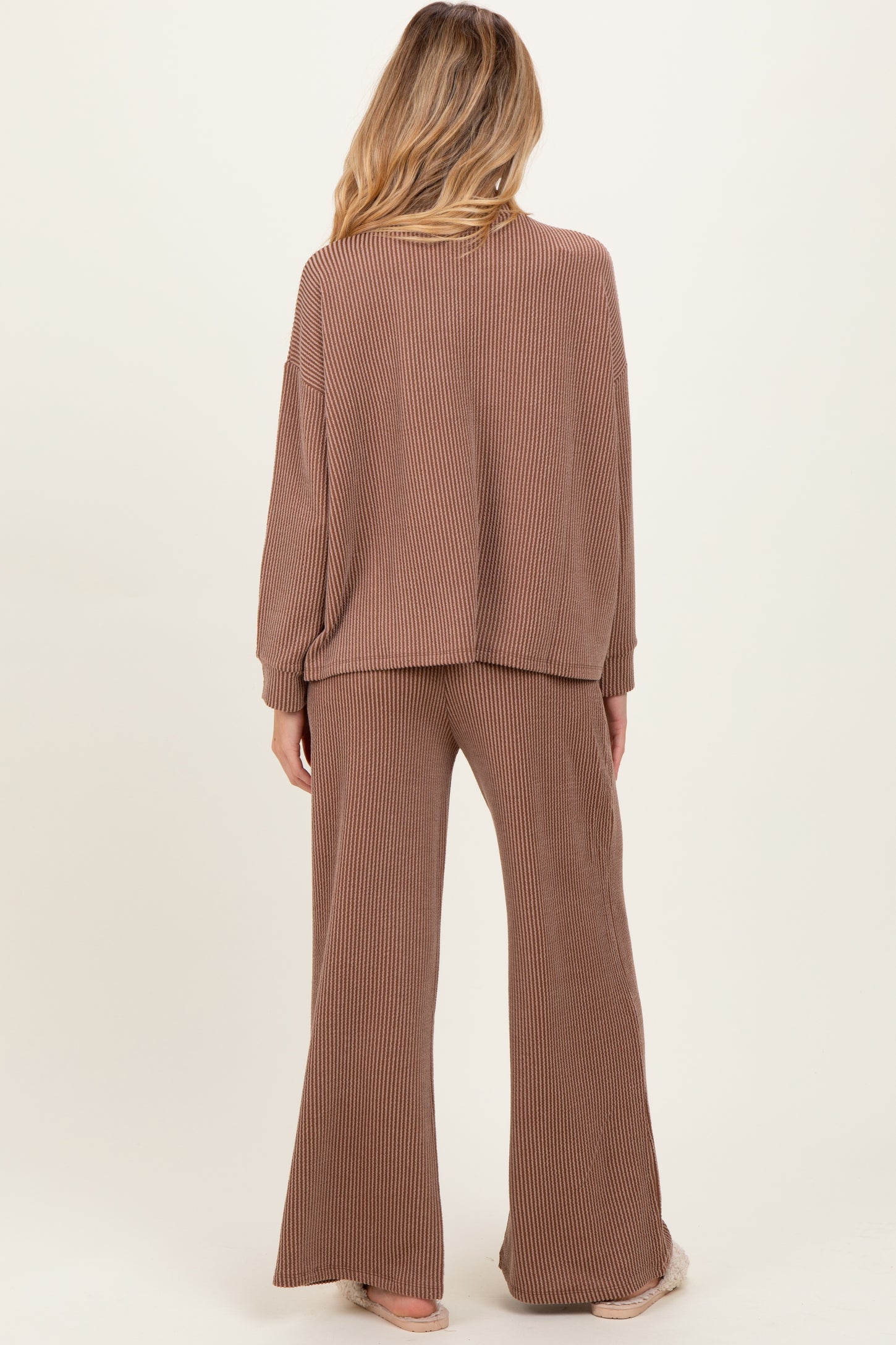 Mocha Textured Rib Mock Neck Long Sleeve Pants Maternity Set