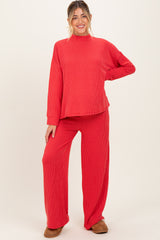 Red Textured Rib Mock Neck Long Sleeve Pants Maternity Set