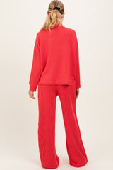 Red Textured Rib Mock Neck Long Sleeve Pants Maternity Set