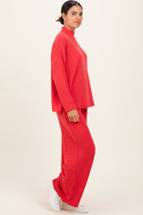 Red Textured Rib Mock Neck Long Sleeve Pants Set
