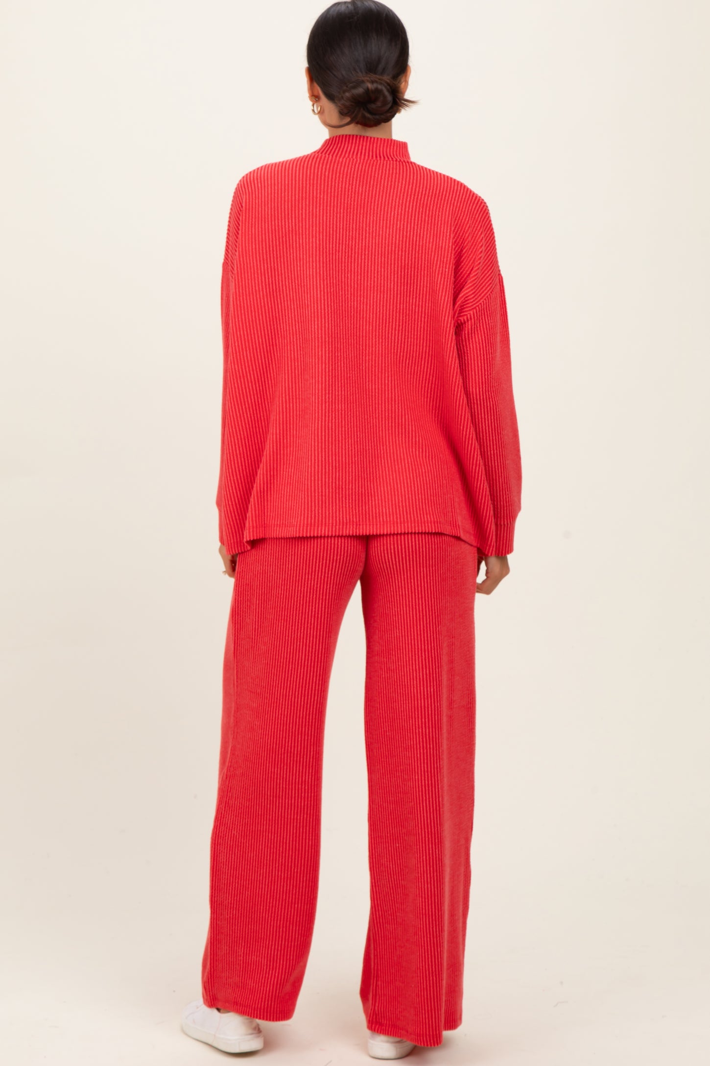 Red Textured Rib Mock Neck Long Sleeve Pants Set