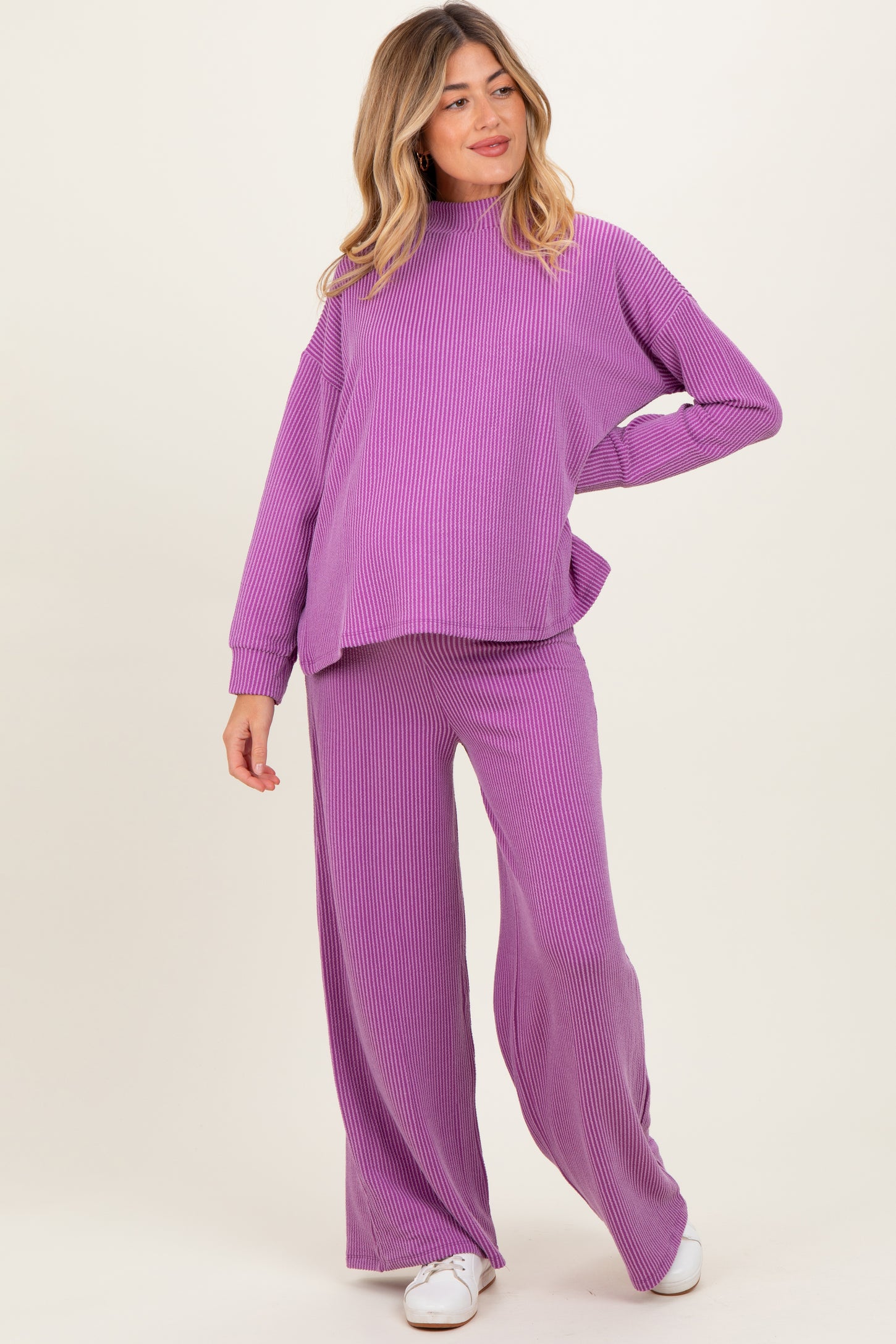 Lavender Textured Rib Mock Neck Long Sleeve Pants Maternity Set