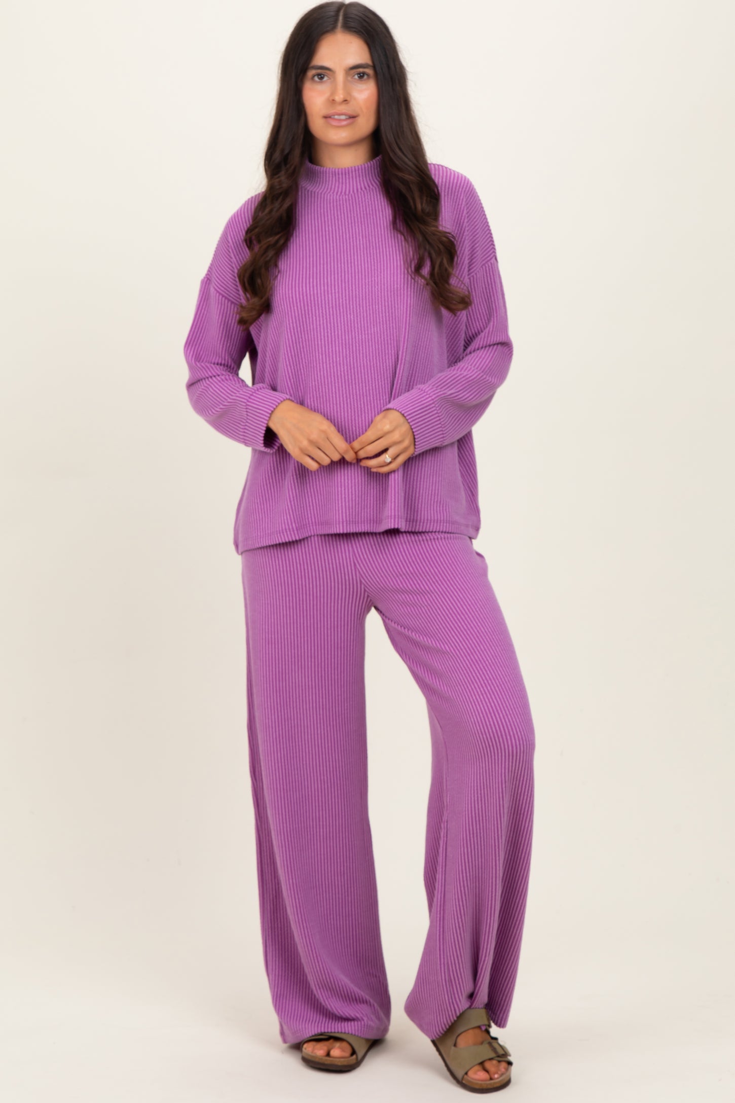 Lavender Textured Rib Mock Neck Long Sleeve Pants Set