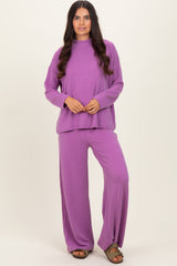 Lavender Textured Rib Mock Neck Long Sleeve Pants Set