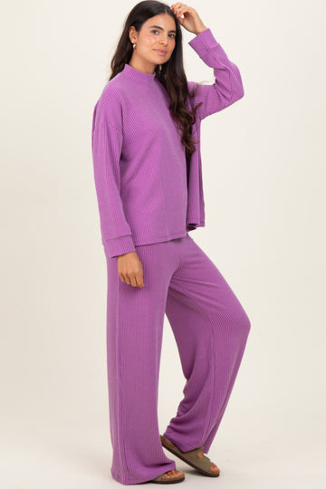 Lavender Textured Rib Mock Neck Long Sleeve Pants Set