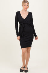 Black Ribbed Long Sleeve V-Neck Wrap Midi Dress