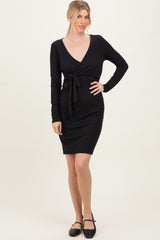 Black Ribbed Long Sleeve V-Neck Wrap Midi Dress