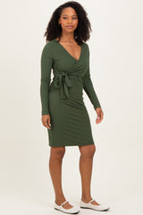 Olive Ribbed Long Sleeve V-Neck Wrap Midi Dress