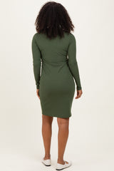 Olive Ribbed Long Sleeve V-Neck Wrap Midi Dress