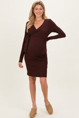 Brown Ribbed Long Sleeve V-Neck Wrap Maternity Midi Dress