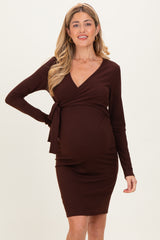 Brown Ribbed Long Sleeve V-Neck Wrap Maternity Midi Dress