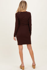 Brown Ribbed Long Sleeve V-Neck Wrap Maternity Midi Dress