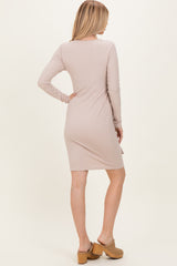Beige Ribbed Long Sleeve V-Neck Wrap Midi Dress