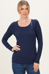 Navy Ribbed Long Sleeve Lettuce Trim Top