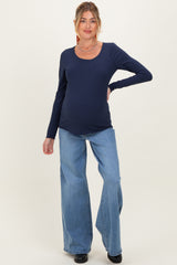 Navy Ribbed Long Sleeve Lettuce Trim Maternity Top