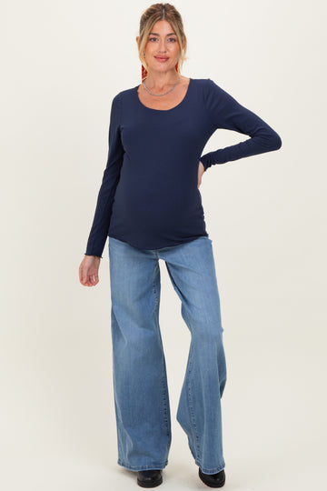 Navy Ribbed Long Sleeve Lettuce Trim Maternity Top