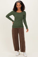 Olive Ribbed Long Sleeve Lettuce Trim Top
