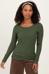 Olive Ribbed Long Sleeve Lettuce Trim Top