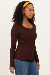 Brown Ribbed Long Sleeve Lettuce Trim Top