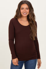 Brown Ribbed Long Sleeve Lettuce Trim Maternity Top