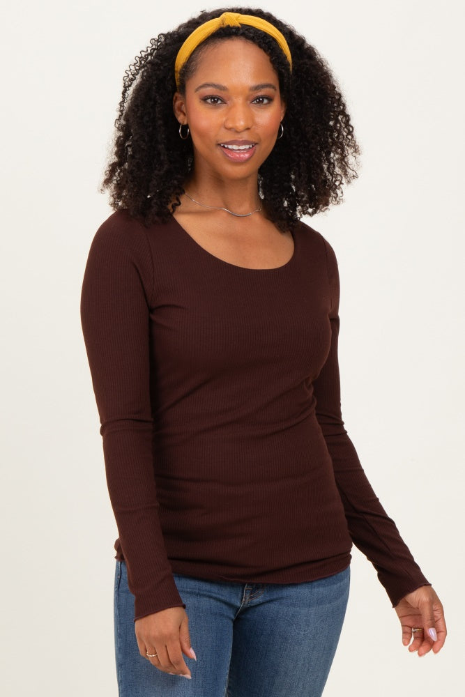 Brown Ribbed Long Sleeve Lettuce Trim Maternity Top