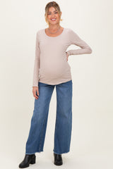 Beige Ribbed Long Sleeve Lettuce Trim Maternity Top