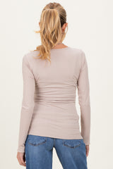 Beige Ribbed Long Sleeve Lettuce Trim Maternity Top