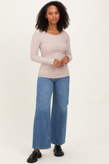 Beige Ribbed Long Sleeve Lettuce Trim Top