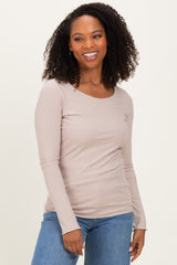 Beige Ribbed Long Sleeve Lettuce Trim Top