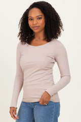 Beige Ribbed Long Sleeve Lettuce Trim Top