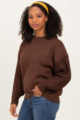 Brown Cable Knit Sleeve Round Neck Maternity Sweater