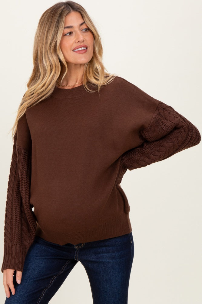 Brown Cable Knit Sleeve Round Neck Sweater