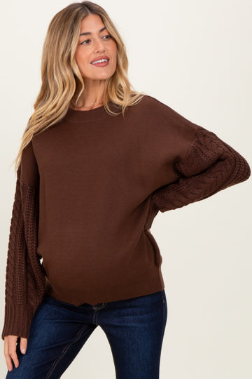 Brown Cable Knit Sleeve Round Neck Sweater