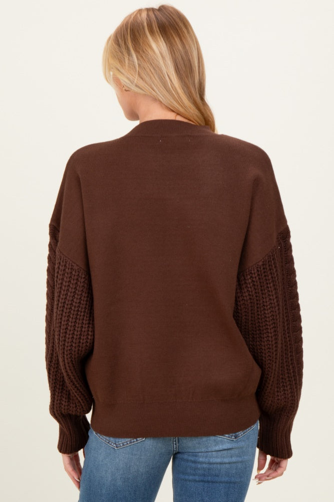 Brown Cable Knit Sleeve Round Neck Sweater