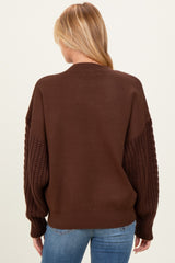 Brown Cable Knit Sleeve Round Neck Sweater