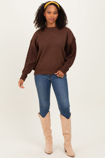Brown Cable Knit Sleeve Round Neck Maternity Sweater