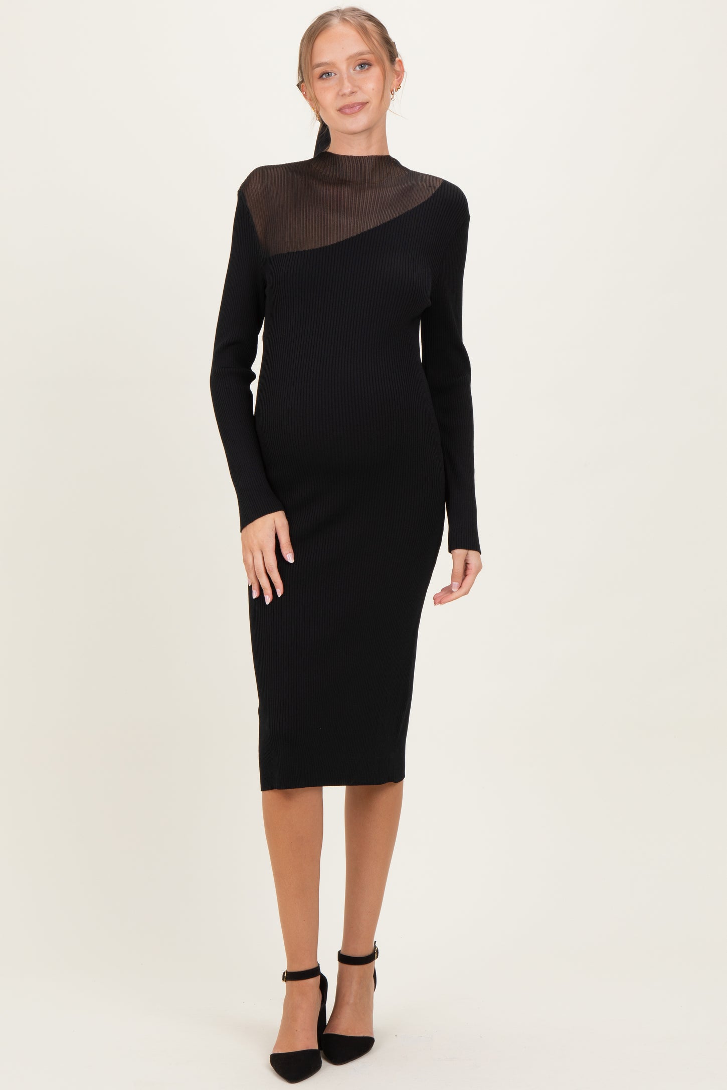 Black Semi-Sheer Mockneck Maternity Sweater Dress  PinkBlush