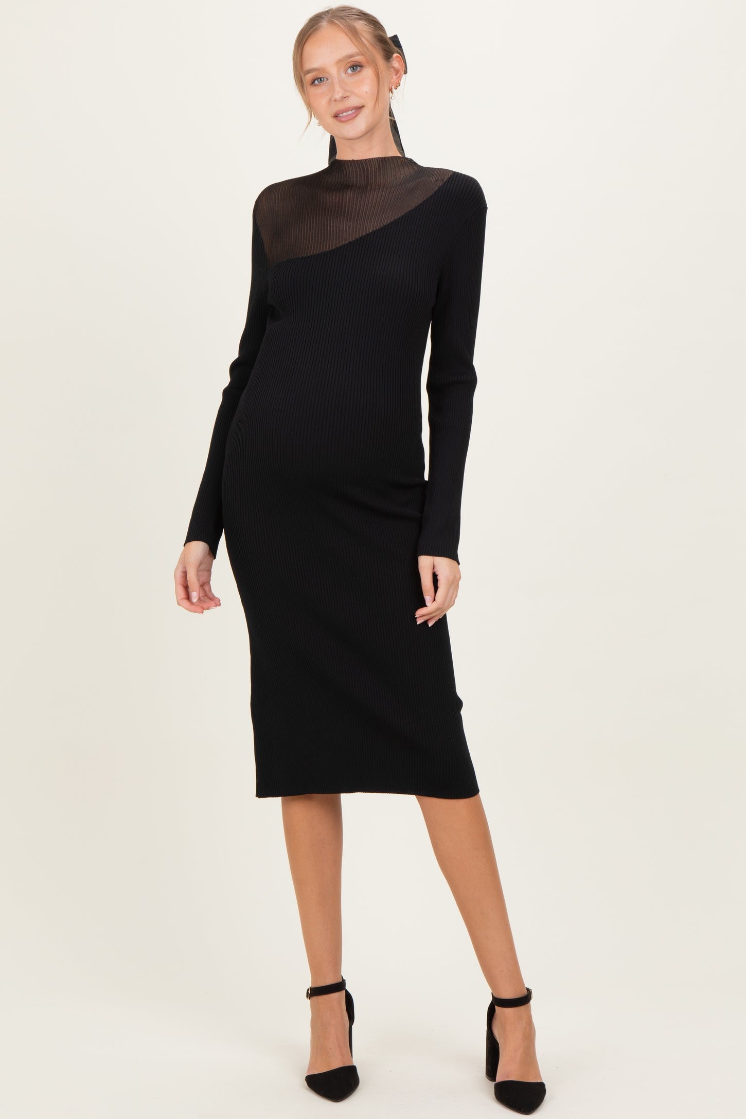 Black Semi-Sheer Mockneck Maternity Sweater Dress