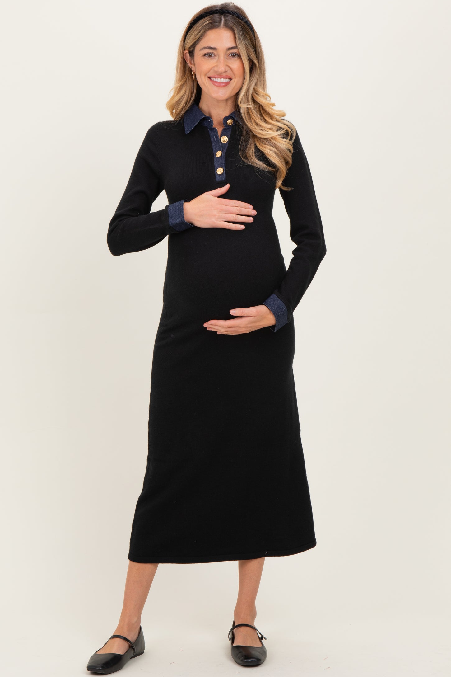 Black Denim Trim Maternity Knit Dress