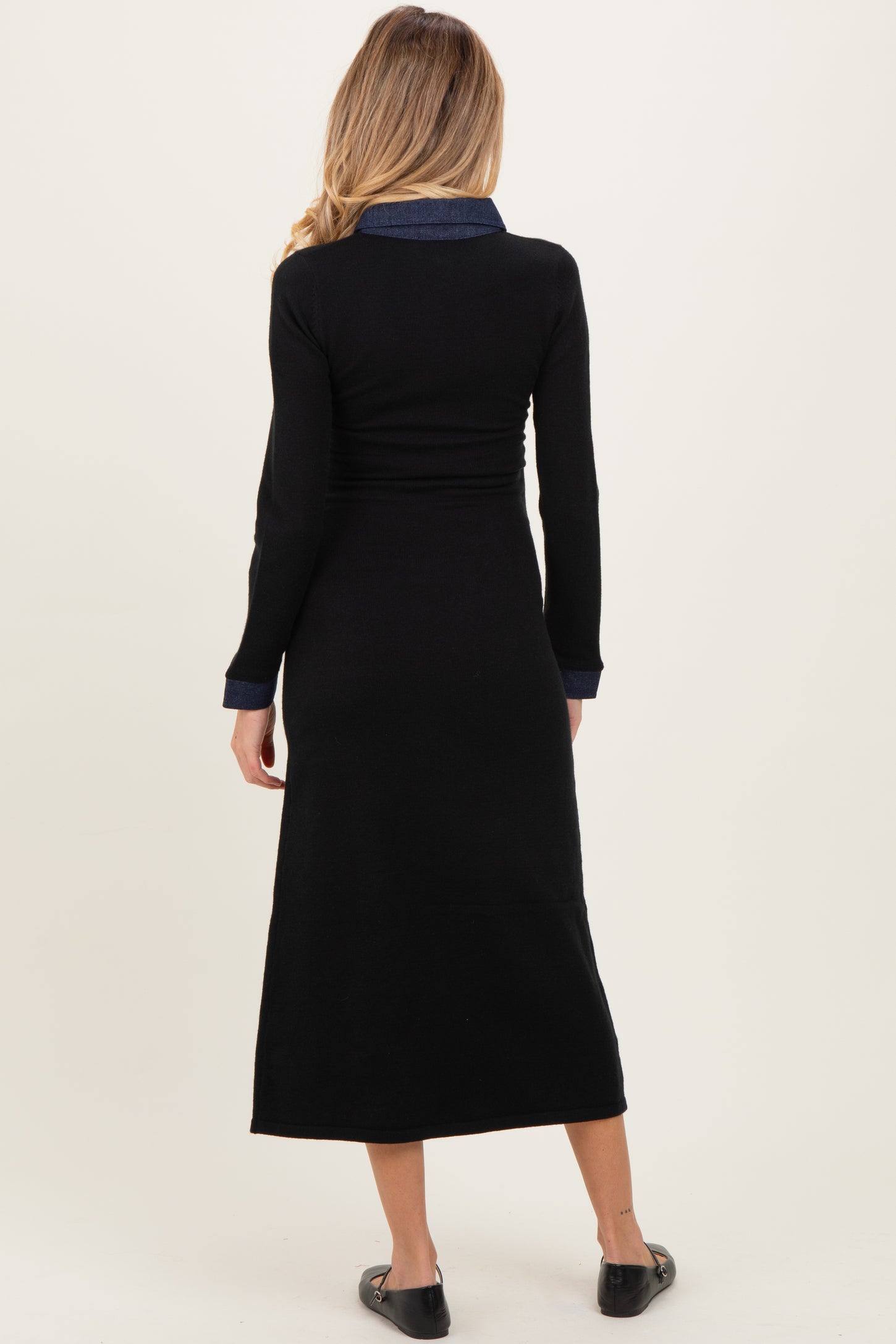 Black Denim Trim Maternity Knit Dress