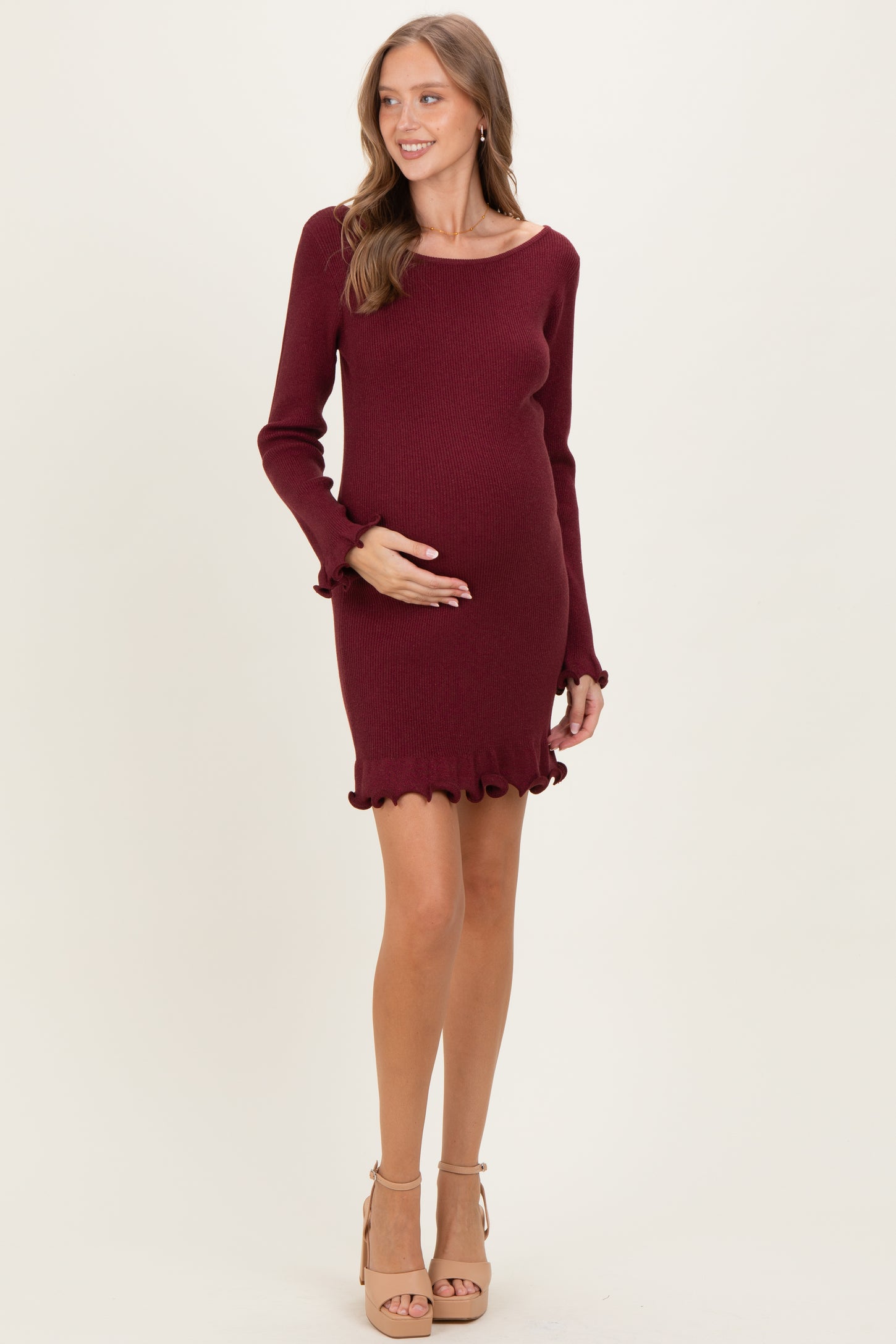 Ruby Shimmer Lettuce Edge Maternity Knit Dress