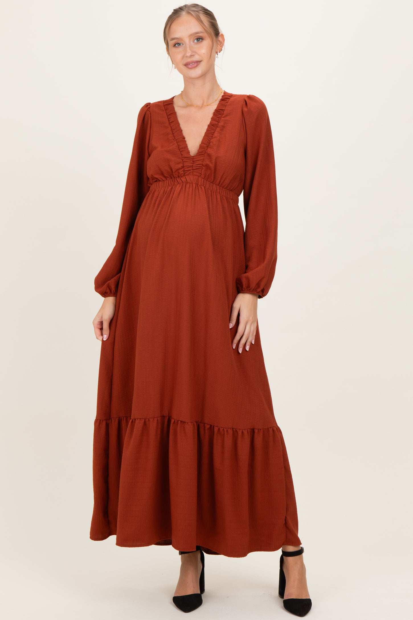 Rust Long Sleeve V-Neck Tiered Maternity Maxi Dress