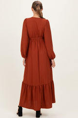 Rust Long Sleeve V-Neck Tiered Maternity Maxi Dress