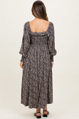 Navy Smocked Ruffled Floral Maternity Maxi Dress