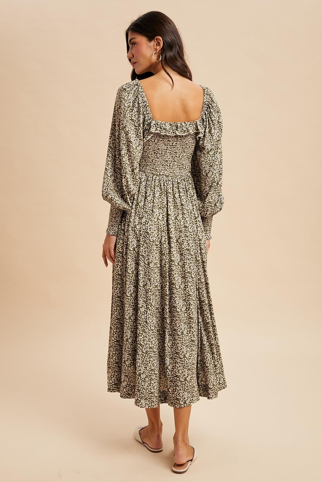 Light Olive Smocked Ruffled Floral Maxi Dress