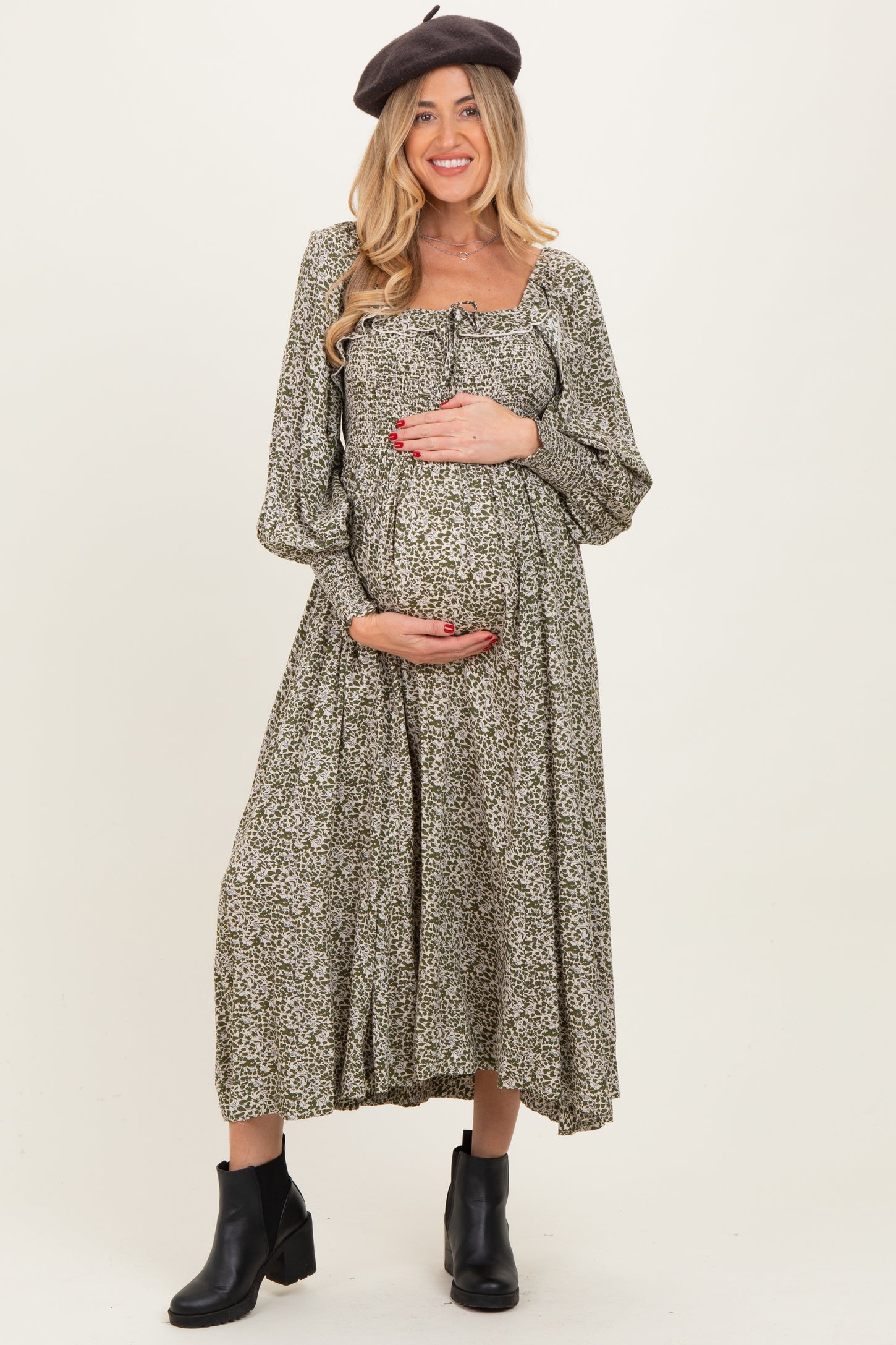 Light Olive Smocked Ruffled Floral Maternity Maxi Dress