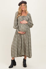 Light Olive Smocked Ruffled Floral Maternity Maxi Dress