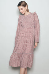 Rust Tiny Floral Ruffled Mock Neck Babydoll Maternity Midi Dress