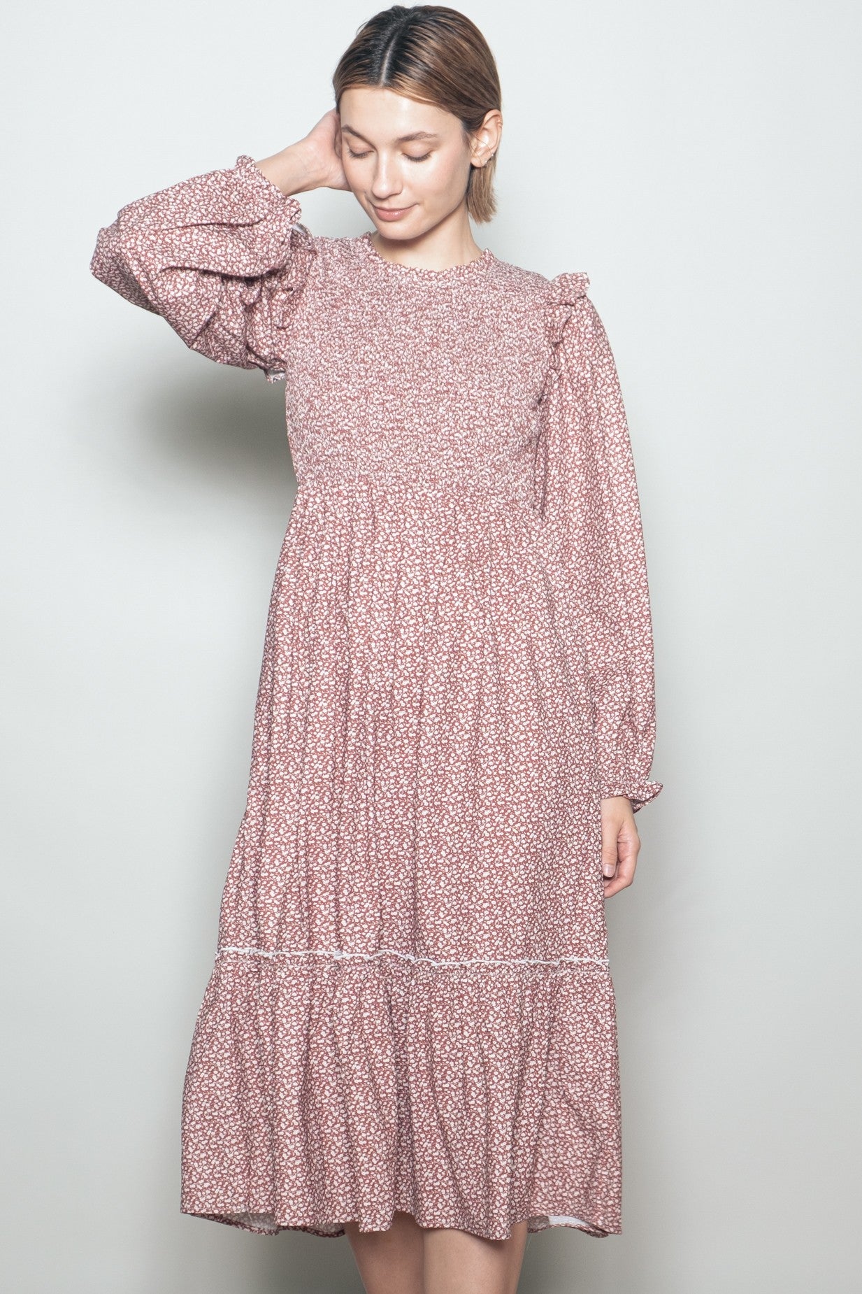 Rust Tiny Floral Ruffled Mock Neck Babydoll Midi Dress